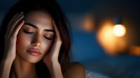 Young Hispanic woman with closed eyes touching temples, experiencing headache or migraine pain against dark blue background with soft bokeh lights.
