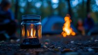 Glowing candle in mason jar illuminates forest campsite at dusk with campfire in background, creating cozy outdoor ambiance.