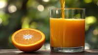 Fresh orange juice being poured into glass with orange half on wooden surface against blurred green background for healthy breakfast concepts.