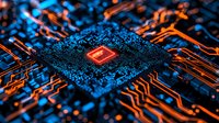 Glowing microprocessor on circuit board with orange and blue neon traces, close-up view showing electronic pathways and semiconductor chip technology.