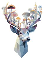 Geometric deer head with colorful mushrooms growing from antlers in low poly art style on white background for modern design projects.