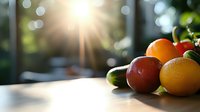 Fresh organic produce on white surface with natural sunlight and bokeh effect in background, creating warm atmosphere for healthy eating concept.