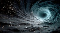 Swirling cosmic vortex with glowing particles and ethereal blue-green spiral formation creating mesmerizing tunnel effect for space and science concepts.