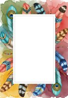 Colorful feather frame with white center space, decorated with tribal patterns and beaded details on watercolor background, isolated and ready for design use on cards, invitations, posters, and social media graphics.