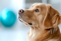 Golden retriever dog with blue eyes looking up attentively against blurred turquoise background, close-up portrait showing loyal and gentle expression.
