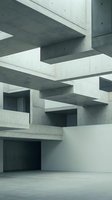 Abstract concrete architectural interior with geometric platforms and brutalist design elements creating modern minimalist space.