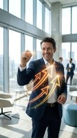 Confident businessman celebrating success with glowing upward arrows in modern office environment representing growth and achievement in corporate setting.
