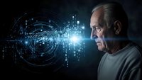 Senior Caucasian man in gray shirt gazing at futuristic holographic digital interface with glowing blue circuits and data visualization technology.