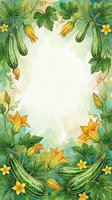 Botanical frame with hand-drawn zucchini, squash blossoms, and foliage border on cream background. Isolated design element suitable for invitations, menus, and garden-themed projects.