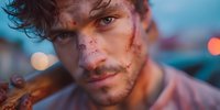 Young Caucasian man with dirt and sweat on face after hard work, tired expression with bokeh city lights background at dusk for labor and determination concepts.