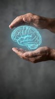Protective hands surrounding glowing blue brain hologram representing mental health care, neurology research, cognitive protection and mind wellness concepts.