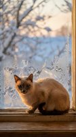 Ginger cat sitting on wooden windowsill looking at camera with frost-covered window and snowy winter landscape in background, suitable for seasonal and pet-themed designs.