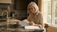 Mature blonde woman with glasses reviewing documents at kitchen counter in warm natural light for business planning and financial management.
