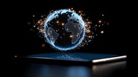 Holographic Earth globe projection emerging from smartphone screen with glowing particles and digital network connections on dark background.