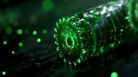 Glowing green mechanical gears on dark background with bokeh effect create futuristic technological composition for business and innovation concepts.