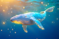 Magical glowing whale swimming in deep blue ocean waters with luminescent particles, featuring ethereal light effects and detailed texture patterns for fantasy art.