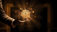 Glowing wireframe sphere held in open palm against dark background, symbolizing innovation, technology, and creative ideas for business concepts.