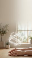Relaxed hands on wooden surface with glowing white energy swirls in bright modern room with plants and natural sunlight streaming through window.