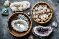 Natural healing crystals and mineral stones in wooden bowls on dark background, including amethyst geode, clear quartz cluster and turquoise stone.