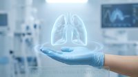 Medical professional in blue gloves holding holographic lungs in modern hospital setting for healthcare technology and respiratory medicine concepts.