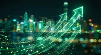 Digital growth arrows with glowing green light effects over blurred city skyline at night representing business success and financial progress.