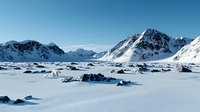 Dramatic Arctic landscape with snow-covered mountains and frozen fjord, floating ice chunks scattered across pristine white surface under clear blue sky.