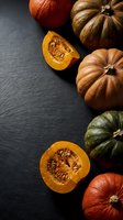Assorted pumpkins and squash varieties on dark slate background for autumn harvest cooking and seasonal recipes.