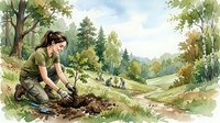 Young woman environmental scientist planting tree seedling in forest landscape for reforestation conservation project outdoors in nature.