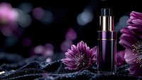 Luxury cosmetic bottle with purple flowers on dark background with bokeh lights and glitter, elegant beauty product photography for skincare and cosmetics industry.