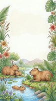 Watercolor capybara family by a tranquil river, surrounded by tropical plants and flowers, with copy space for text or design.