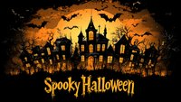 Haunted houses silhouettes against orange moon sky with flying bats, bare trees and gothic architecture create atmospheric Halloween scene for seasonal designs.
