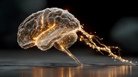 Human brain with golden neural network connections and sparkling light effects on dark background for neuroscience and medical education concepts.