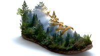 Surreal double exposure effect combining hiking boot silhouette with misty forest landscape, pine trees and morning sunlight creating environmental concept art.