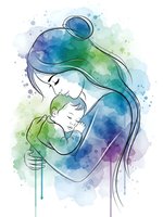 Watercolor mother holding newborn baby in tender embrace with flowing hair and soft blue green purple tones on white background for motherhood designs.