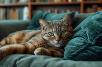 Striped ginger cat with green eyes relaxing on teal velvet couch cushions in cozy home setting, soft natural lighting creates warm atmospheric mood.