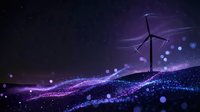Wind turbine silhouette against cosmic purple starry night sky with glowing particles and bokeh effects for renewable energy concepts.
