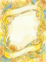 Ornate golden frame with scrolling flourishes and botanical florals in yellow, blue, and orange tones on cream background, isolated and ready for invitations, greeting cards, and design projects.