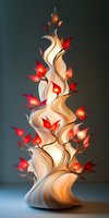Elegant twisted sculptural form with glowing red rose buds emerging from flowing curves, modern artistic design for luxury interior decoration concepts.