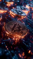 Digital currency coins on circuit board with glowing orange and blue lights creating dramatic technological atmosphere for finance and cryptocurrency concepts.