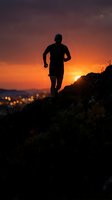 Male athlete jogging on rocky terrain during golden sunset with city lights glowing below, capturing outdoor fitness and endurance training at dusk.