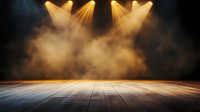 Empty wooden stage with dramatic golden spotlights shining through atmospheric fog, creating theatrical ambiance against dark background. Suitable for performance concepts.