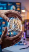 Hands holding glowing lung hologram with digital network pattern in modern laboratory setting, representing respiratory health, medical technology, and healthcare innovation.