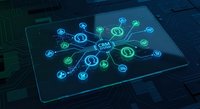 CRM customer relationship management system interface on tablet with network connections and business icons for digital marketing automation.