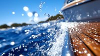 Water splashing against wooden boat deck on blue sea, creating dynamic droplets and spray in bright sunlight.
