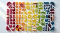 Rainbow gradient of fresh fruits and vegetables arranged in colorful rows from red to blue, showcasing natural organic produce for healthy eating and nutrition.