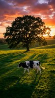 Holstein cow grazing in pastoral meadow at golden hour sunset with majestic oak tree silhouette against dramatic orange and purple sky creating peaceful countryside scene.