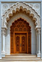 Ornate wooden door with intricate Islamic architectural details featuring scalloped arches, detailed carved patterns, and white marble columns leading to mosque entrance.