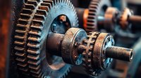 Macro view of industrial gears and mechanical components showing intricate details of transmission system with metal cogwheels in motion. Engineering concept for machinery.