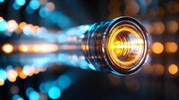 Close-up of glowing fiber optic cable end with golden light transmission and colorful bokeh background for technology and communication concepts.
