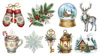 Festive holiday collection featuring isolated winter elements including red mittens with gold bow, evergreen garland with berries, snow globe cabin scene, reindeer, steaming hot cocoa mug, snowflake, golden cross ornament, decorative lantern, and snow-covered cottage, all ready for seasonal design projects.